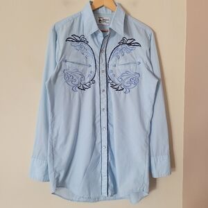 Vintage Men's Western Wear Pearl Snap Button Embroidered Shirt Blue Size L Tall